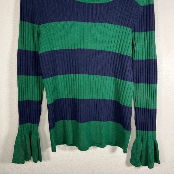 SMALL CABLE AND GAUGE GREEN BLUE STRIPED COLORBLOCK KNIT SWEATER BELL SLEEVE - Picture 2 of 9